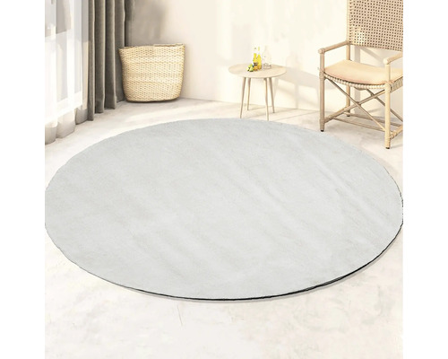 Rond vloerkleed in de woonkamer met stoel, bijzettafel en decoraties