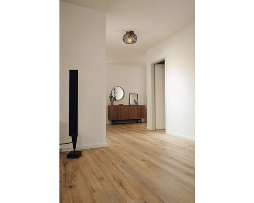 Hal met plafondlamp, dressoir, spiegel en staande lamp