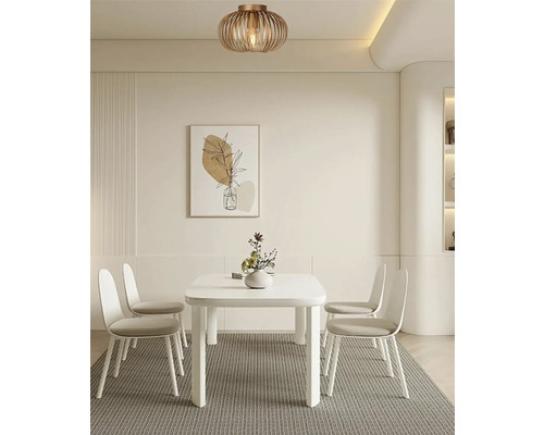 Eetkamer met eettafel, stoelen en plafondlamp