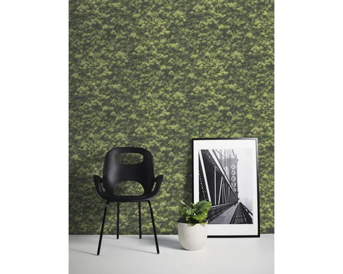 Scene met moswand, stoel, potplant en ingelijste foto