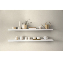 Twee witte wandplanken met decoratieve items zoals kaarsen, vazen en een gieter