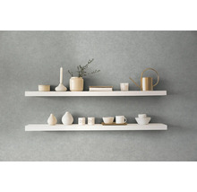Decoratieve witte wandplanken met vazen, bekers en een gieter