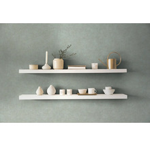 Decoratieve wanddecoratie met twee witte wandplanken en diverse decoratieve objecten