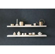 Twee schappen met decoratieve objecten aan een muur