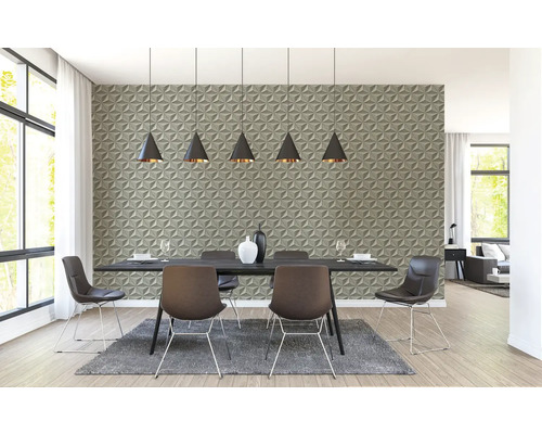 Moderne eetkamer met driedimensionale muur, eettafel en stoelen