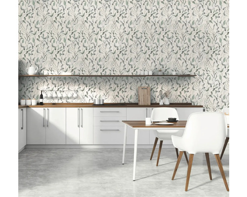 Moderne keuken met bloemenbehang en witte meubels