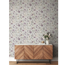 Kamerzicht met bloemenbehang en houten dressoir