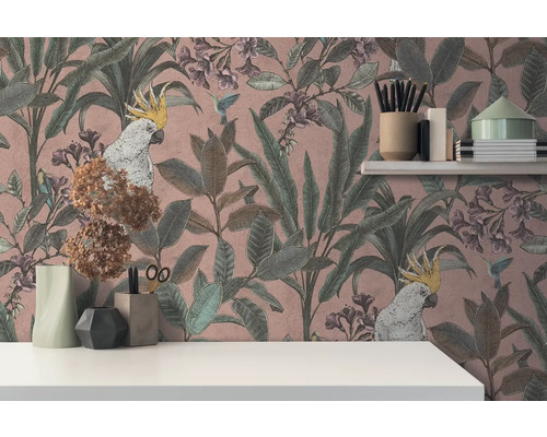 Behang met planten, vogels en kaketoes