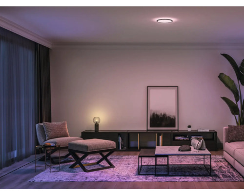 Woonkamer met plafondlamp, fauteuil, bank en salontafel