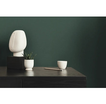 Decoratieve scène met sculptuur, plant, kopje en potlood op een donkere tafel voor een groene wand