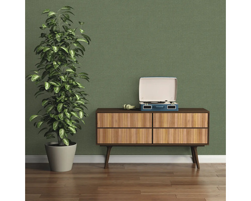 Decoratief interieur met dressoir, platenspeler en kamerplant voor een groene muur