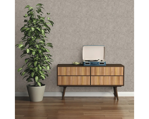 Decoratief interieur met dressoir, platenspeler en kamerplant tegen een gemust behang