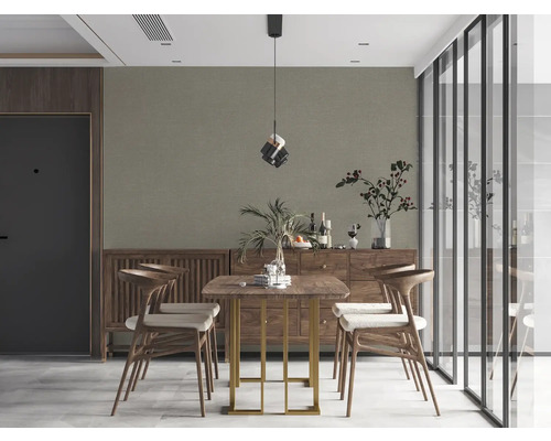 Eetkamer met houten tafel, stoelen en dressoir in modern design