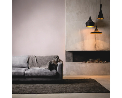 Woonkamer met grijze bank, vloerkleed, open haard en hanglampen.