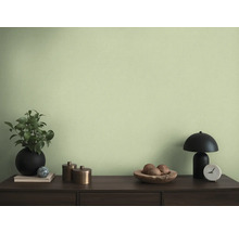 Woonkamer met groene muurverf, plant in zwarte vaas, tafellamp en decoratie op dressoir