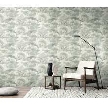 Interieurontwerp met wolkenbehang, fauteuil, bijzettafel en staande lamp