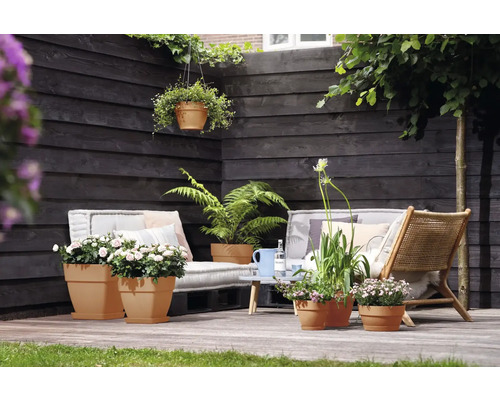 Terrasontwerp met planten in bloempotten, zitplaatsen en een houten schutting.