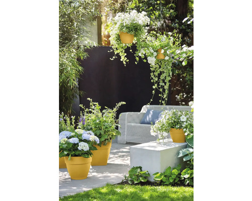 Tuin met bloemen in plantenbakken en hangmanden, plus tuinmeubelen