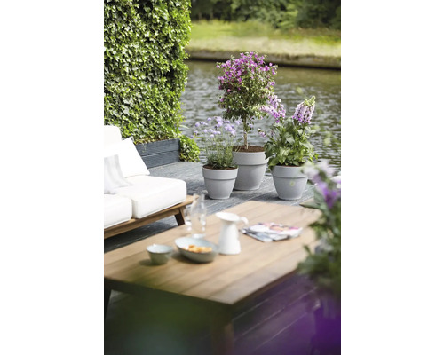 Decoratieve buitenruimte met zitplaatsen, tafel en beplante plantenbakken