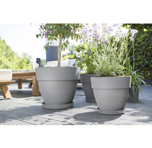 Kunststof bloempotten met planten op een houten terras