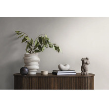 Decoratieve objecten op een houten kast: een vaas met planten, een rond doosje, boeken met een hartvormige figuur en een vrouwenbeeldje.