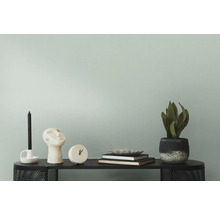 Decoratieve objecten op een zwarte tafel, waaronder een kaars, een sculptuur, een klok, boeken en een plant.