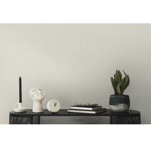 Decoratief stilleven op een zwarte plank met kaars, sculptuur, klok, boeken en potplant.