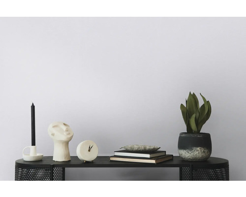 Decoratieve objecten op een tafel: kaars, hoofdsculptuur, klok, boeken en potplant.