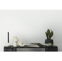 Decoratieve scène op een zwarte tafel met kaars, sculptuur, klok, boeken en een kamerplant