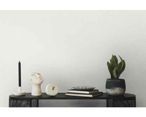 Decoratieve opstelling met kaars, sculptuur, klok, boeken en potplant op een zwarte plank