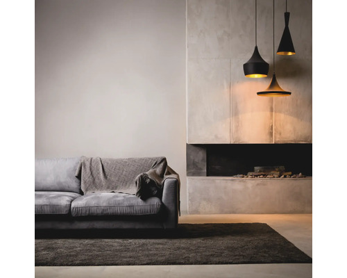 Woonkamer met bank, tapijt, open haard en hanglampen