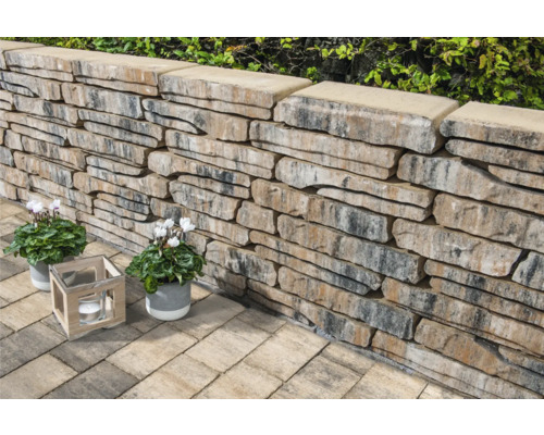 Gestapelde stenen muur met planten en een lantaarn in de tuin.