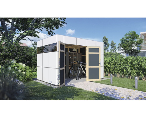 Modern tuinhuis met open deuren, fietsen en rekken binnenin.