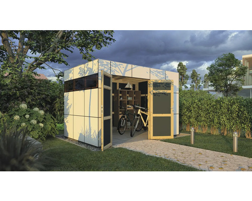 Tuinscene met open tuinhuis, fietsen en schap