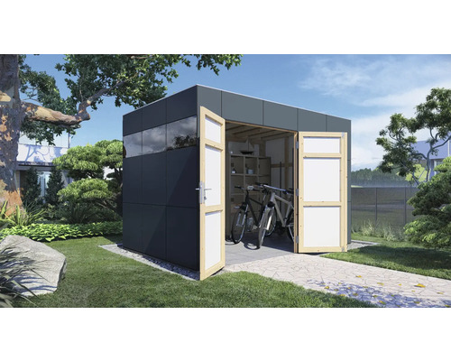 Tuinhuis met openstaande deuren, met fietsen en planken erin