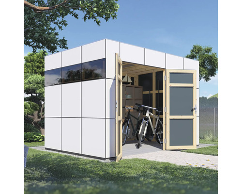 Modern tuinhuis met fietsen en planken