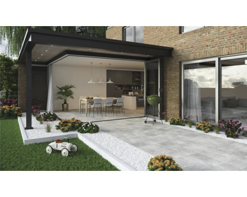 Terras met bestrating, tuinmeubilair, barbecue en pergola