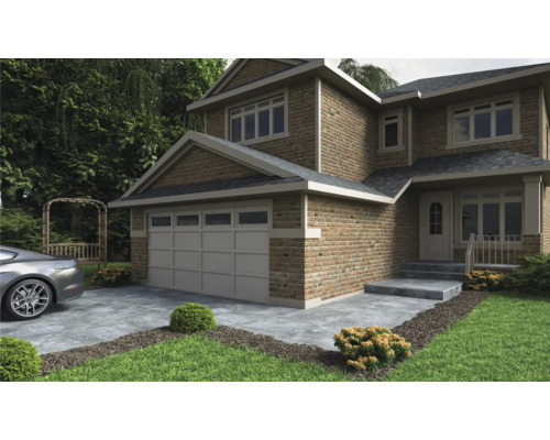 Buitenkant van een huis met twee verdiepingen, garage, stenen trap en gazon