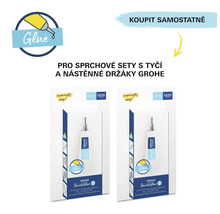 Twee verpakkingen Grohe QuickGlue lijmsets voor doucheproducten met montagesjabloon voor douchestang.