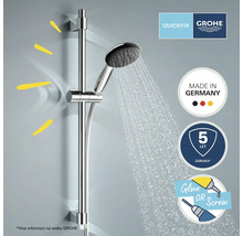 Douchestangset met handdouche in werking. Keurmerk: Made in Germany. Vijf jaar garantie. Snelle montage door lijmen of schroeven. Grohe Logo.
