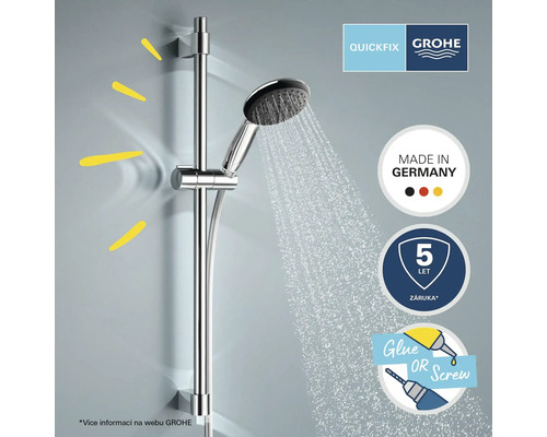Douchestangset met handdouche in werking. Keurmerk: Made in Germany. Vijf jaar garantie. Snelle montage door lijmen of schroeven. Grohe Logo.