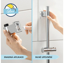 Demonstratie van de montage van een douchestang met lijm op een betegelde wand