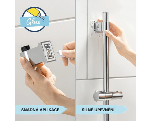 Demonstratie van de montage van een douchestang met lijm op een betegelde wand