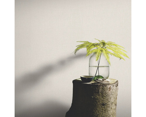 Decoratief behang in interieur met varen in vaas en kom op boomstronk