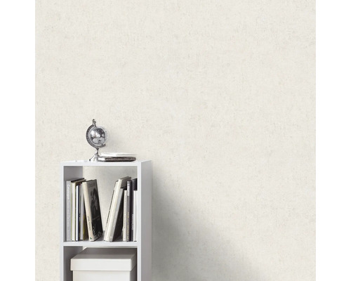 Lichte wand met pleisterstructuur naast een boekenrek met decoraties