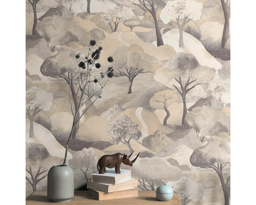 Behang met boomlandschapmotief op de muur