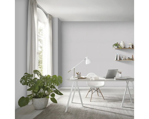 Lichte werkkamer met bureau, stoel, plant en wandplanken