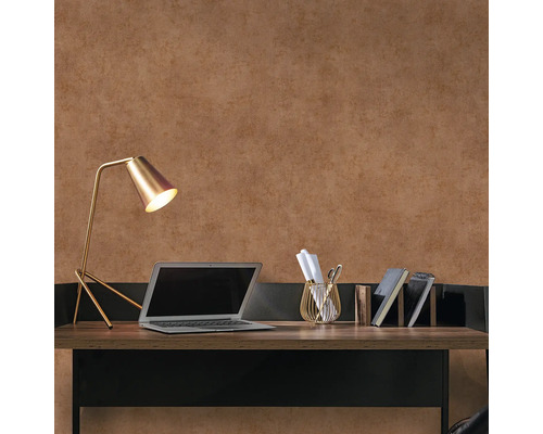 Werkplek met bureau, lamp, laptop en kantoorbenodigdheden tegen een bruine muur