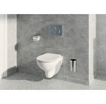 Badkamer met hangtoilet, toiletborstel, toiletpapierhouder en bedieningspaneel