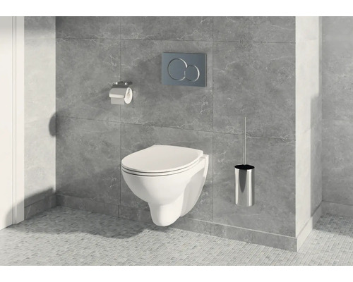 Badkamer met hangtoilet, toiletborstel, toiletpapierhouder en bedieningspaneel